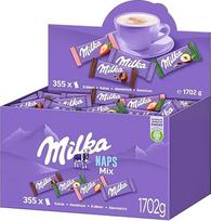 Milka Naps Mix, 1 x 1,702 kg, mini šokolado plytelė, pagaminta iš Alpių pieno, braškių, lazdyno riešutų ir kakavos kremo