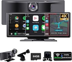 Nešiojamasis automobilinis radijas Belaidis "CarPlay" "Android" automobilinis 4K prietaisų skydelio vaizdo kamera su atsargine kamera "Airplay" 10,3 colio IPS jutiklinis ekranas Įrašymas kilpa GPS navigacija "Bluetooth" FM AUX įmontuotas garsiakalbis