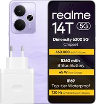 realme 14T 5G išmanusis telefonas 8+256GB, 50 MP su IA, 6,67 colių 120 Hz ekranas su apsauga nuo akių, 5G procesorius Dimensity 6300, 5260 mAh baterija, IP69, NFC, violetinės spalvos (įkroviklis neįtrauktas)