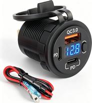 RED WOLF 78W Dual USB C PD Steckdose 12V QC 3.0 Auto Einbau Schnellladegerät mit Schalter und LED Voltmeter, Wasserdicht Typ C Zigarettenanzünder Ersatz Adapter für Wohnmobil Camper LKW Boot