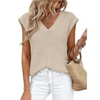 Women V-Neck Sleeveless Waffle Knit Top S abrikosas
