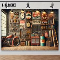 2D retro motociklų garažo fonas vyrams, mechaniko gimtadienio portretų fotosesijai 47.2x31.5inch/120*80cm