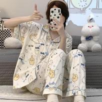 Chiikawa Women's Summer Pajamas: Pure Cotton, Short Sleeve, Long Pants featuring Cute Usagi, Kiji, Kiyii, Hachi Designs for Spring & Autumn. XL