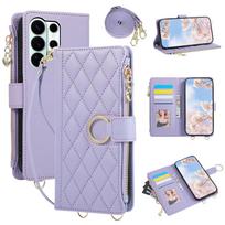 Crossbody Wrist Strap Leather Wallet Phone Case for Samsung S25 Edge S26 Ultra S24 S23 S22 S21 Plus Note 20 Flip Stand Cover Galaxy S22 5G violetinė