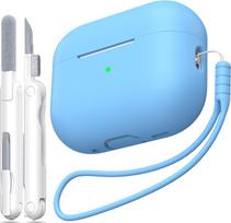 Suderinamas su "AirPods Pro" antrosios kartos dėklu, minkštas silikoninis smūgio sugėrimo dėklas, apsaugantis nuo kritimo, suderinamas su "AirPods Pro" dėklu "Skin Touch" su raktų pakabuku ir valymo rinkiniu, šviesiai mėlynas