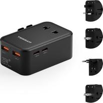 TESSAN kelionės adapteris visame pasaulyje PD 25 W, kelionės adapteris visame pasaulyje su 2 USB C ir 2 USB A, kelionės kištukinis adapteris visame pasaulyje, tarptautinis kištukinis lizdas Anglijoje, JAV, Japonijoje, Tailande, juodas