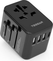 TESSAN kelioninis adapteris visame pasaulyje, universalus kelioninis kištukas su 3 USB, 1 USB C ir 1 kintamosios srovės kištukiniu lizdu, tarptautinis kištukinis lizdas, universalus adapteris Vokietijai, JAV, Anglijai, Italijai, Australijai, juodas