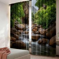2pcs 2D flat printing Window Curtains Cave Waterfall Scenic Rocks River 100% Polyester Without Electricity Festive Wall Decor 60×150
