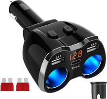 USB C automobilinis įkroviklis Cigarečių žiebtuvėlio dalytuvo adapterio dalytuvas C tipo automobilinis įkroviklis Dvigubas lizdas 12V/24V DC 120W su LED 12V/24V DC 120W LED voltmetro jungikliu Dvigubas USB prievadas (sidabrinis)