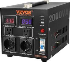 VEVOR 2000 W įtampos keitiklis transformatorius AC 110 V 220 V transformatorius Keitiklis 2 x JAV NEMA 5-15R 3 kontaktų / 2 x standartiniai europietiški "Shucko" išvesties lizdai, 1 x 5 V USB prievadas, 1 x C tipo lizdas