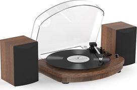 Vinilinis patefonas su dviem stereofoniniais garsiakalbiais, diržinė pavara, belaidis atkūrimas, 3 greičiai AT-3600L imtuvas, RCA išvestis, senovinis patefonas, medžio tekstūra