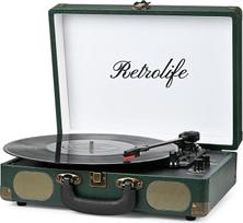 Vinilo patefonas 3 greičių 33/45/78 RPM "Bluetooth" atveju nešiojamasis grotuvas su diržo pavara ir įmontuotais garsiakalbiais RCA linijos išvestis AUX ausinių lizdas derliaus patefonas