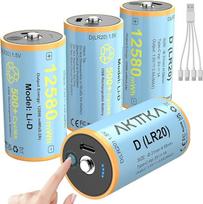 Wiederaufladbare D Batterien 4er Pack, 1,5 V Lithium-Ionen-Akku D/LR20 12580 mWh, inkl. 4-in-1 USB-C Ladekabel, USB-C Direktladung 5 V/1 A, Touch-Ladestandsanzeige, geeignet für Campinglampen