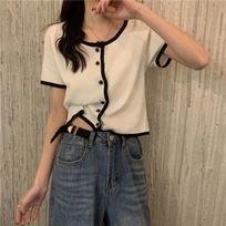 Women White Black Contrast Trim Short Sleeve Knit Crop Top S balta