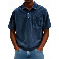 Men Ribbed Short Sleeve Polo Shirt With Chest Pocket S tamsiai mėlyna spalva