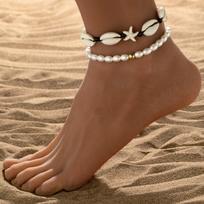 2-piece Bohemian style colorful rope woven shell pearl beach women's anklet set