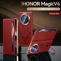 Aukščiausios kokybės natūralios odos dėklas Honor Magic V6, 360° besisukantis stovas, išmanusis langelis skambučiams priimti, objektyvo apsauginis dangtelis Genuine Leather&Honor Magic V6 raudona