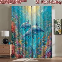 2D flat printing 2pcs Curtain Dolphins Coral Reef Ocean Digital Printed Polyester Drapes Festive Holiday Perfect for Photo 100×220