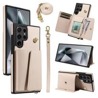 Krepšys per petį su riešo dirželiu, piniginė su kortelių dėklu, telefono dėklas Samsung Galaxy S25 Ultra S24 S23 FE S22 S21 Plus, odinis viršelis Galaxy S24 FE gray
