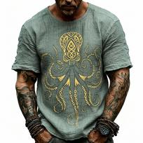 Men Beige Linen Blend Short Sleeve T-Shirt With Octopus Print S žalia
