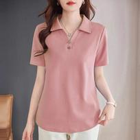 Women Light Blue Polo Neck Short Sleeve T-Shirt M rožinė