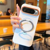 For Google Pixel 9 9A Pro XL Case Magnetic Metal 360° Rotation Holder Grid Pattern Leather Good Grip Soft Back Cover Google Pixel 9