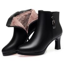 Fashion Winter Plush Velvet Pure Black Microfiber Shoes Women Pointed Toe Office Soft Leather Sole Boots Crystal Sewing Design Boots 38(Foot24cm) black
