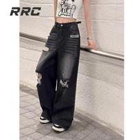 Women's High-Waist Retro Ripped Jeans - American Style, Straight Loose Fit, Wide Leg Design M juoda