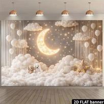 2D Moon and Stars Baby Shower Backdrop Clouds Teddy Bear Photography Background 47.2x31.5inch/120*80cm