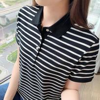 Women Beige and Green Striped Short Sleeve Polo Shirt M juoda