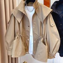 Women's Spring/Fall Windbreaker with Drawstring Waist, Workwear-Style Trench Coat Jacket S chaki