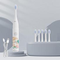 Children Electric Toothbrush Cartoon for Kids With 6/8Replacement Heads Ultrasonic IPX7 Waterproof Rechargeable Sonic Toothbrush gray