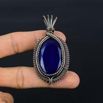 Mėlyno safyro pakabukas, Rankų darbo brangakmenio pakabukas, 999 varinės vielos apvyniotas pakabukas, Antikinis papuošalas, Sužadėtuvių dovana 2.55 Inches