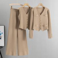 Korean Style Wide-Leg Pants and Sweater Three-Piece Set for Women - 2026 Spring/Autumn Collection One Size chaki
