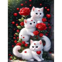 White Cat and Flowers Diamond Painting Set, 5D DIY Full Diamond Gemstone Cross-stitch Painting, Decorative Wall Mural Ornaments Round 20x30cm