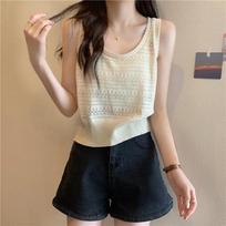 Women Hollow Out Knit Sleeveless Tank Top With Scallop Trim S smėlis