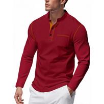 Men Red Henley Neck Long Sleeve T-Shirt With Contrast Stitching S raudona