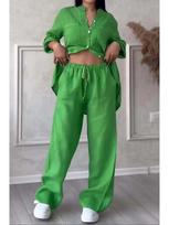 2024 Euro-American Cotton Linen Casual Shirt & Drawstring Wide-Leg Pants Set - White XXL žalia