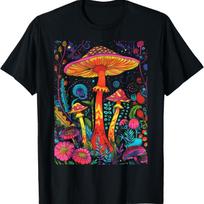 Trippy Trip Mushroom Psychadelic Art Flower Border T-Shirt(2) S juoda