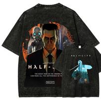 Classic FPS Game Half Life Graphic Print Vintage Washed T-Shirt Men Women Cotton Casual Oversized Top Summer New Oversized Tee S įvairiaspalvis