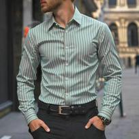 Men Green White Striped Long Sleeve Button Down Dress Shirt S žalia