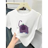Women White Short Sleeve T-Shirt With Cartoon Elephant Print S balta