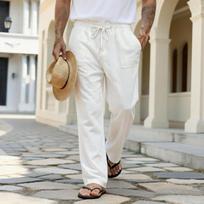 Men Elastic Waist Drawstring Linen-Like Casual Pants S balta