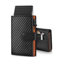 Men's RFID Automatic Pop-Up Wallet, Faux Leather Credit Card Holder with Zipper Coin Pocket, Button Closure