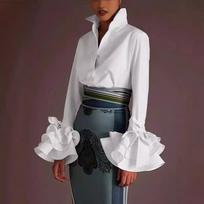 Women Stand Collar Button Down Shirt Multi Layer Ruffle Flare Cuff Long Sleeve Elegant Solid Blouse S
