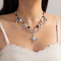 Y2K Millennium Style Multi-Layer Star Necklace, Black and White Beaded Cross Star Pendant Clavicle Chain