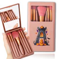 Long Handled Makeup Brush Set Multi Functional Brush Organizer Portable Beauty Tool Kit with Mirror Halloween Letters Pattern