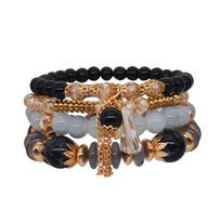 Women Bohemian Style Multi Layer Beaded Crystal Bracelet Adjustable Elastic Strand Handmade Jewelry Accessory for Casual Wear