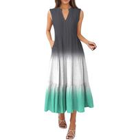 Women's Fashion Summer V-Neck Sleeveless Gradient Pleated Casual Dresses S žalia