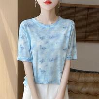 Women Beige and Pink Butterfly Print Short Sleeve T-Shirt M mėlyna
